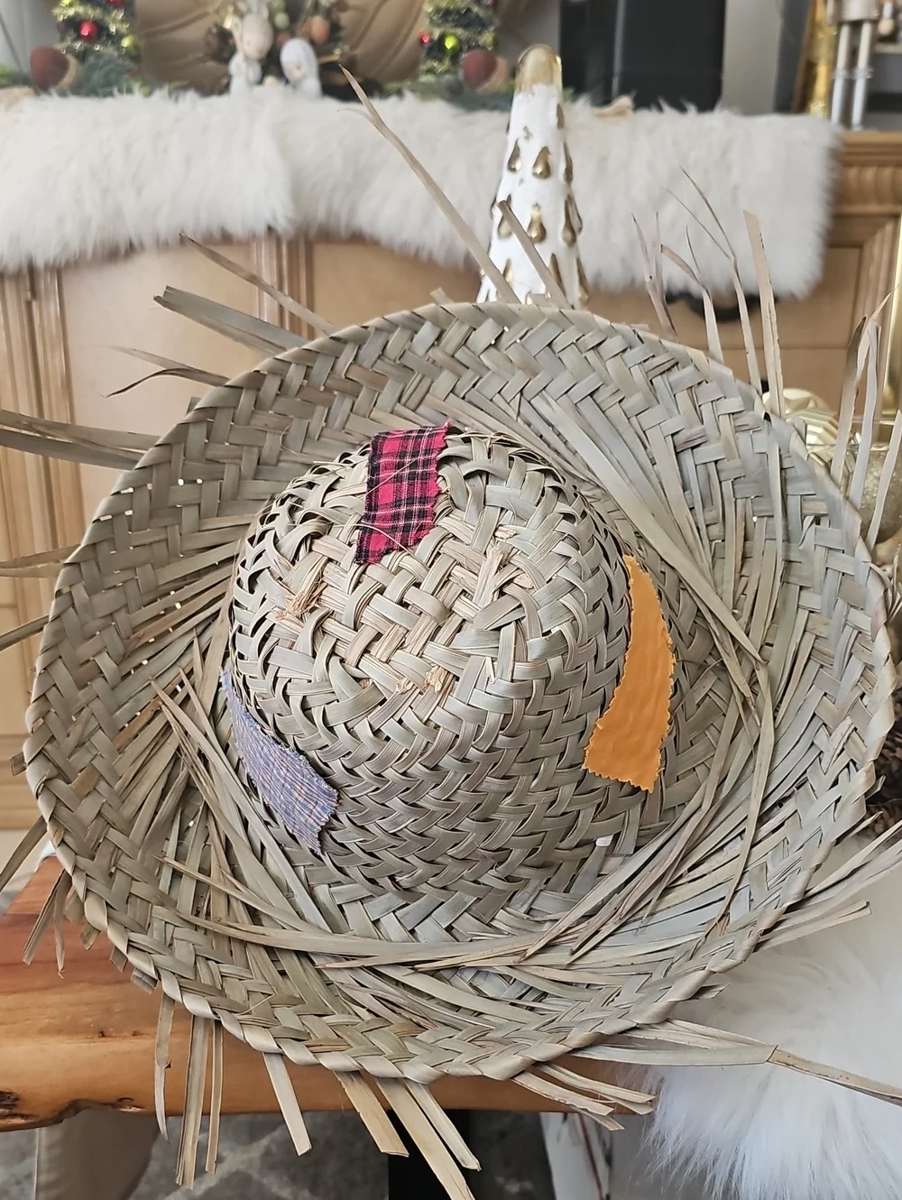 Straw Patchwork Sun Hat - Natural with Orange Blue & Red Plaid For Men And Women